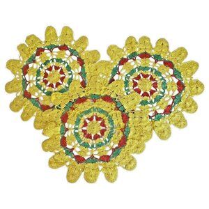 3 Handmade Doilies Yellow Green Crocheted Round 15" Across Handmade Doily Set